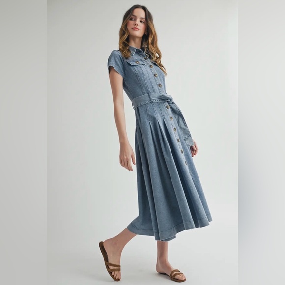 A293. Denim Button-Down Shirt Dress with Belted Waist - Picture 4 of 12